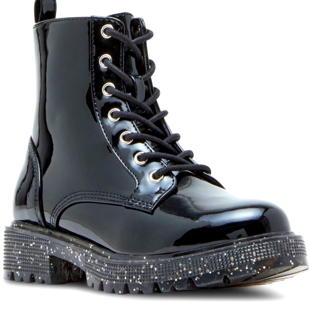 Steve Madden J Taurus Combat Boot Black Patent with Sparkle Sole Big Kid Size 5